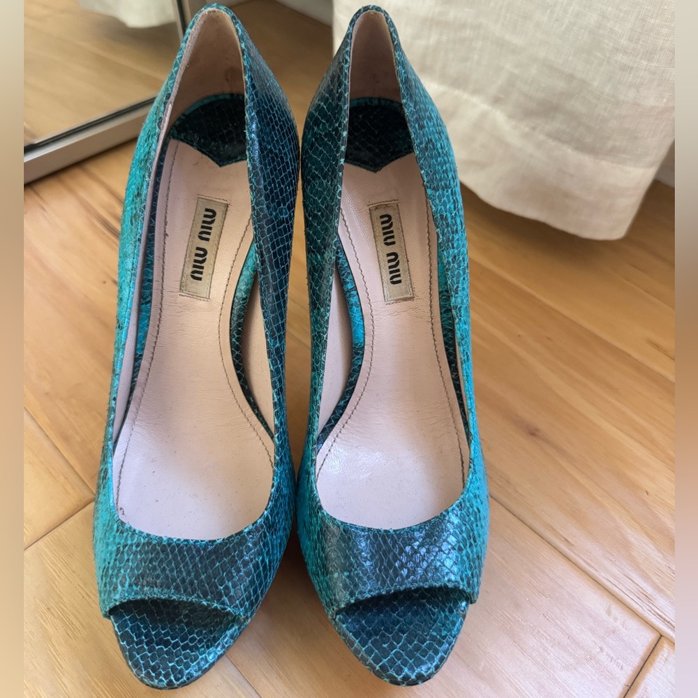 Miu Miu Turquoise Python Peep Toe Heels - image 2